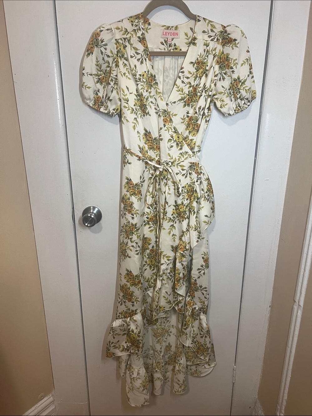 Leyden Cream Floral Wrap Maxi Dress with Yellow-Green Blossoms